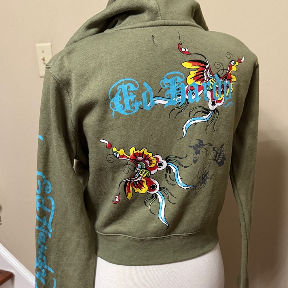 Y2K Ed Hardy Olive Cropped Zip Up Hoodie with Vibrant Graphics Size XL pre-owned - Picture 3 of 7